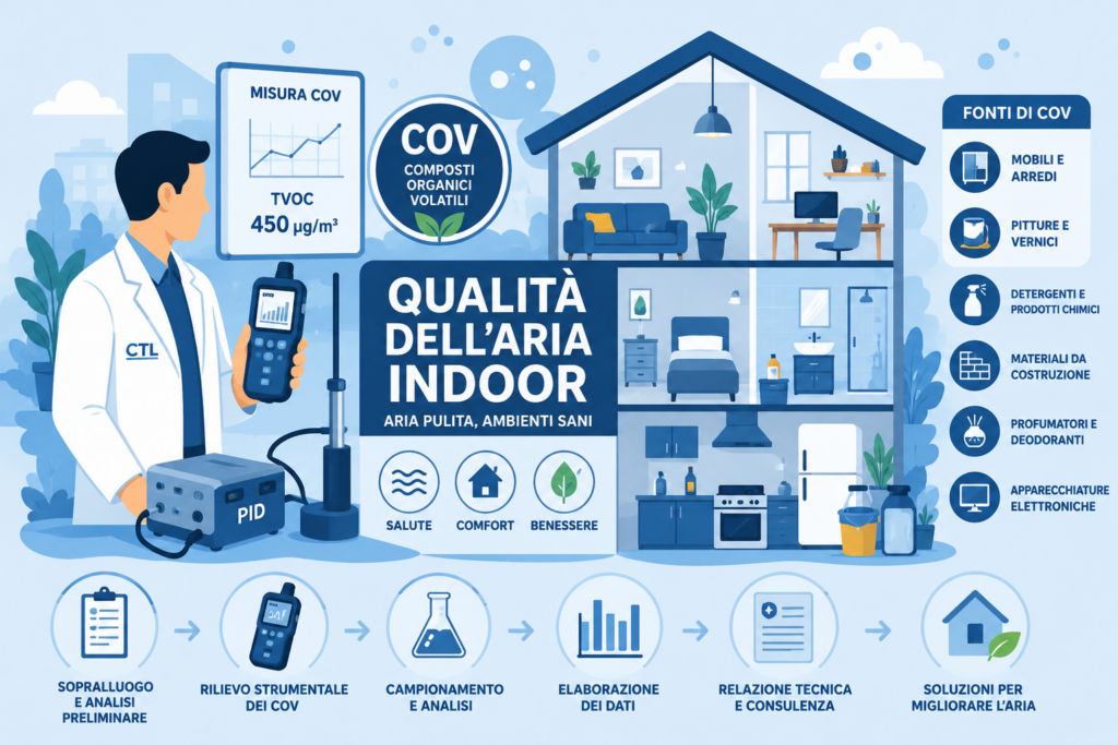 Misurazione dei Composti Organici Volatili (COV) per la valutazione della qualità dell'aria indoor in abitazioni e uffici.