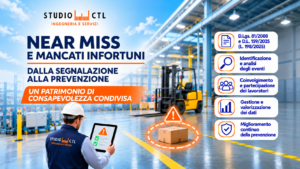 Infografica sui near miss e mancati infortuni: segnalazione, analisi degli eventi e prevenzione dei rischi sul lavoro.